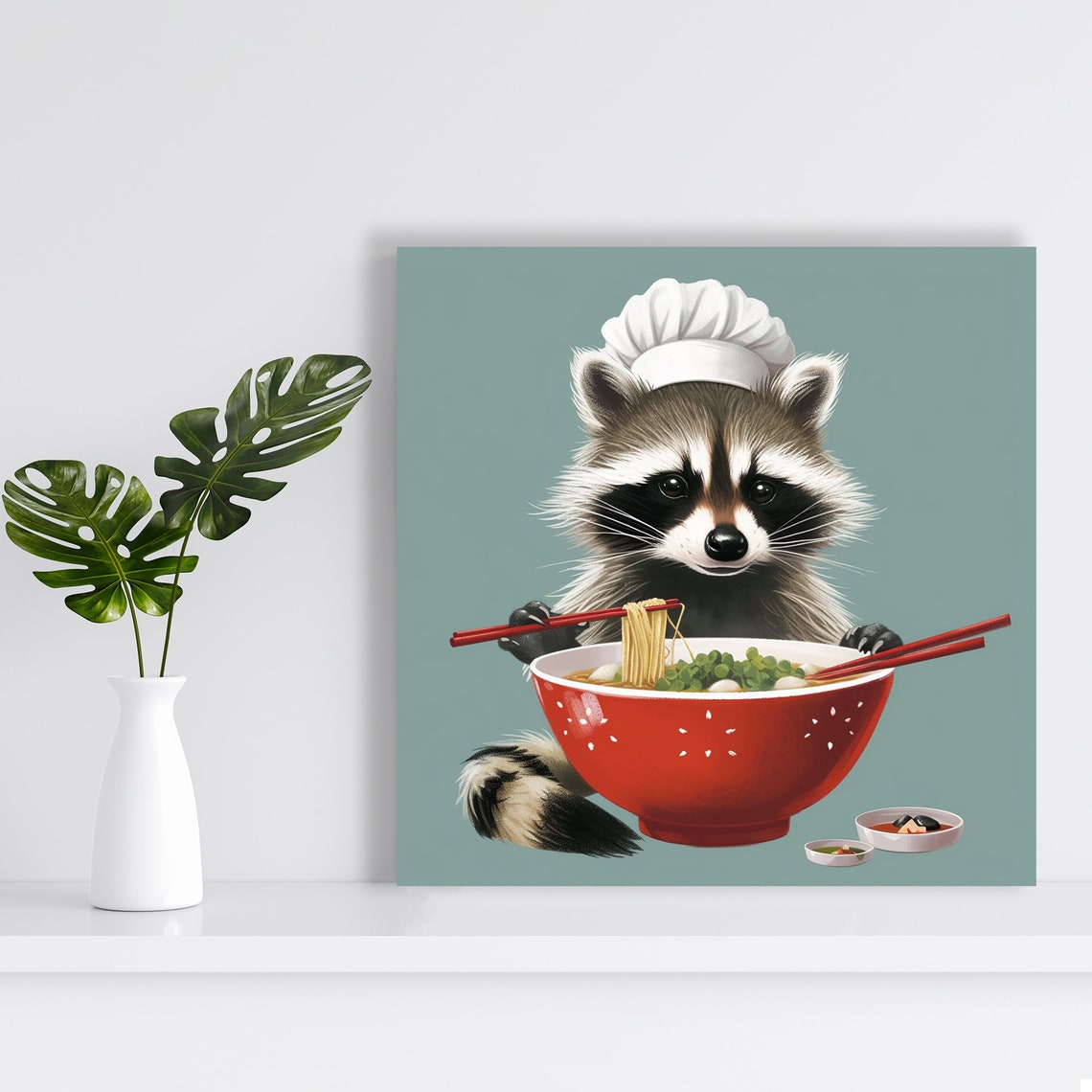 Raccoon Chef Eating Ramen with Chopsticks Funny Kitchen Wall Poster - Image 2