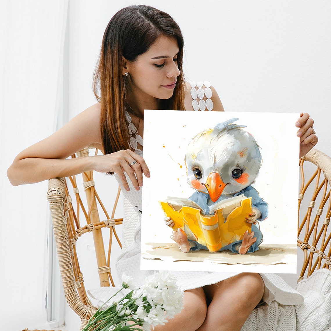 Baby Bird Reading Book Poster Cute Watercolor Nursery Kids Decor - Image 3
