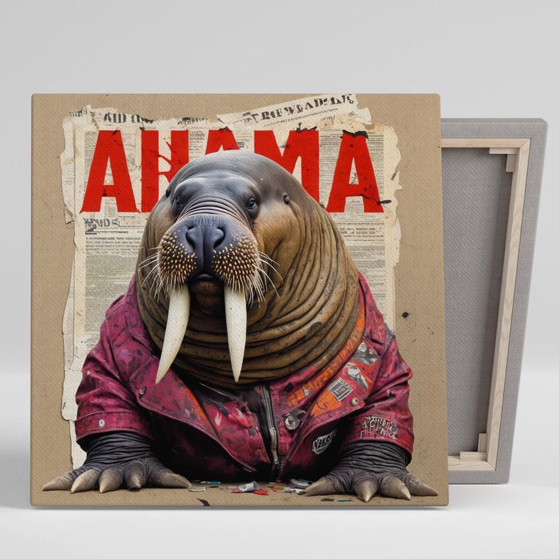 Rebel Walrus In Leather Jacket Vintage Newspaper Punk Rock Art Poster