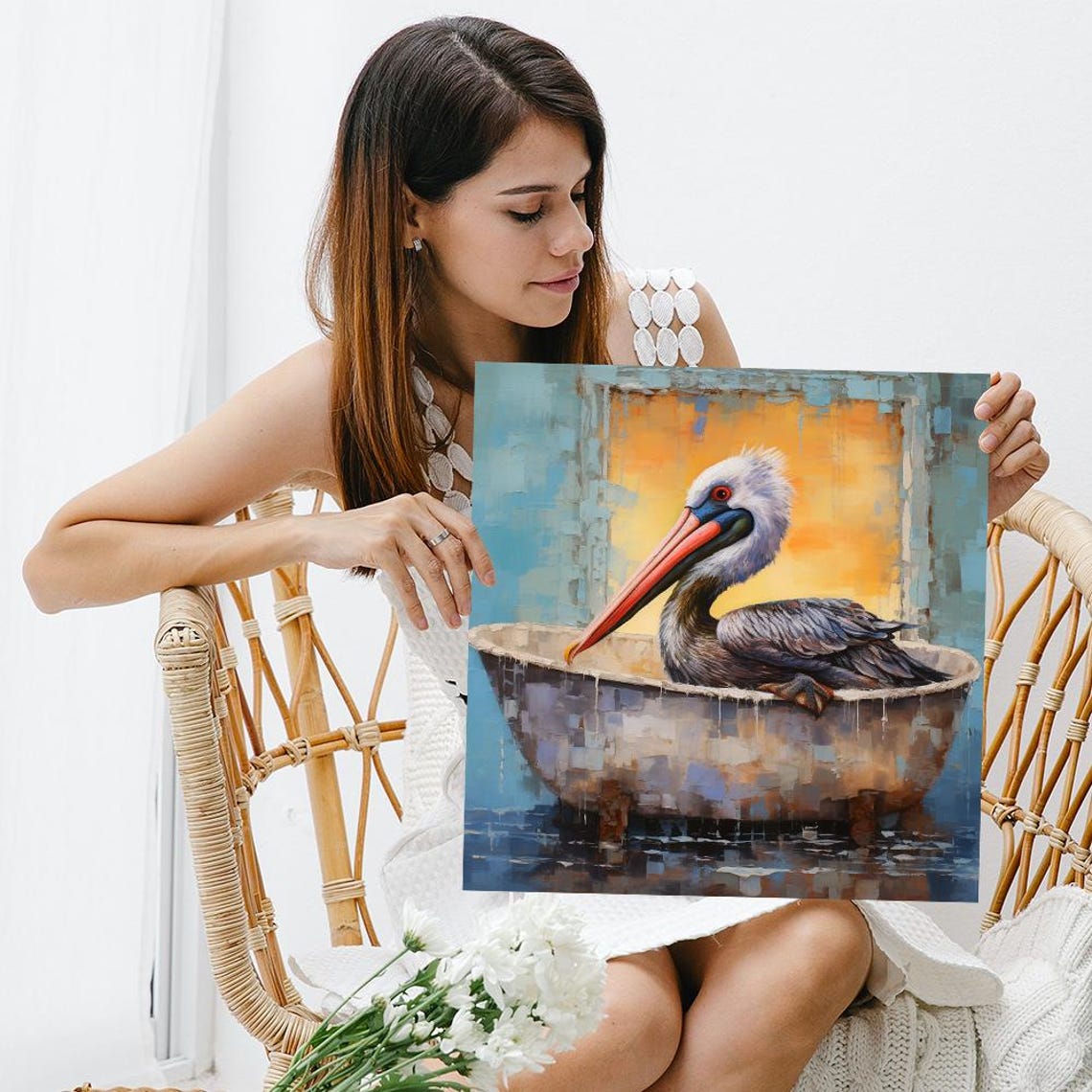 Pelican In Vintage Bathtub Abstract Blue Gold Bathroom Art Poster - Image 3