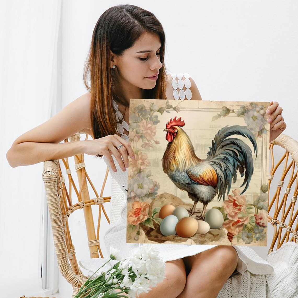 French Country Rooster, Vintage Farmhouse Art Print - Image 3