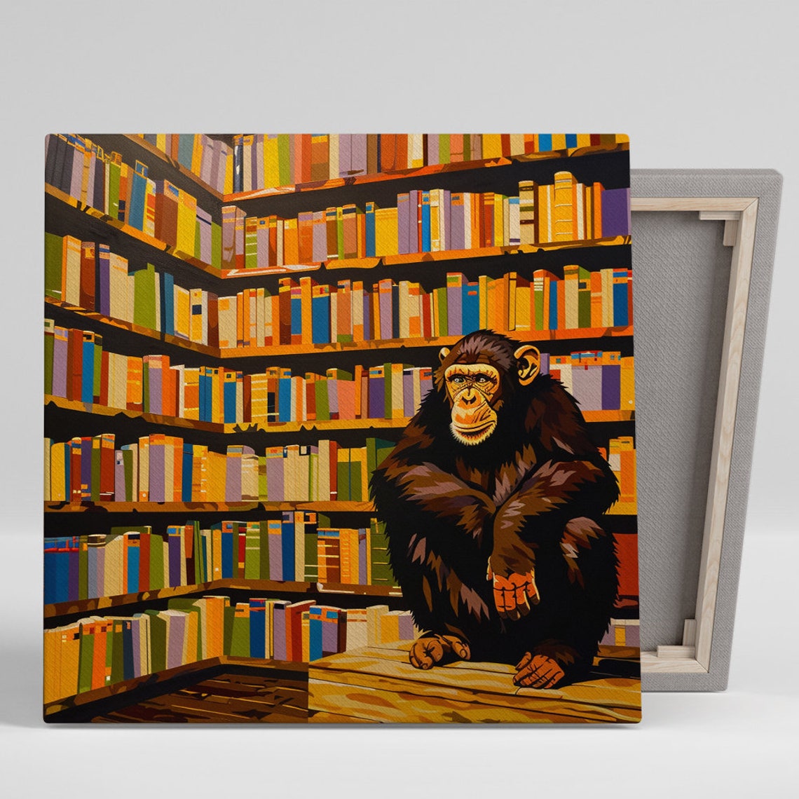 Chimpanzee in Library Among Colorful Books Whimsical Art Poster