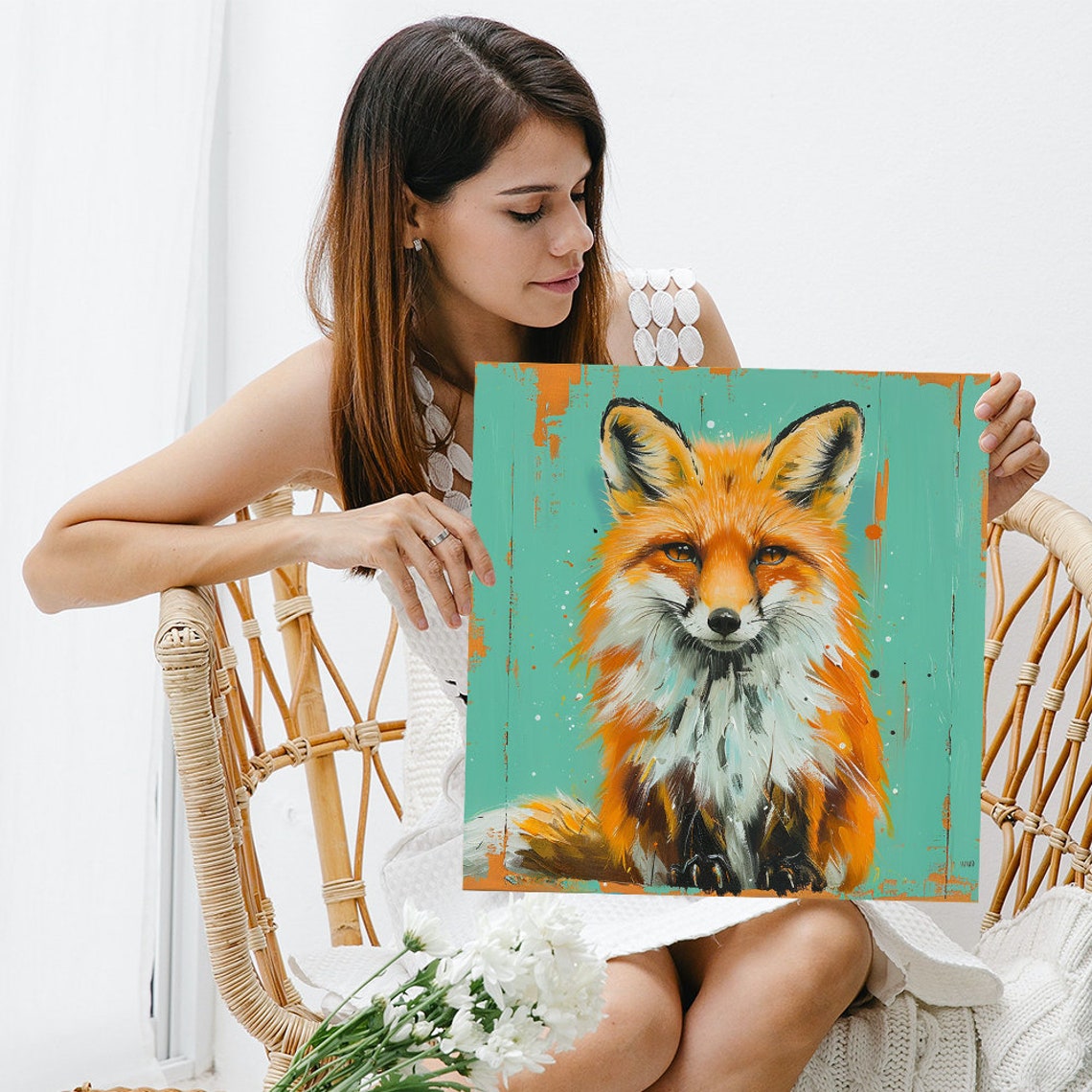 Red Fox Portrait Teal Rustic Background Painterly Wildlife Wall Art - Image 3