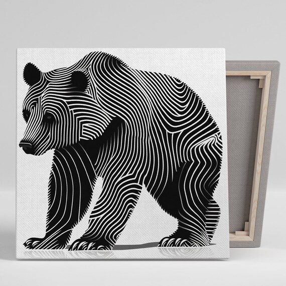 Black White Striped Line Art Bear Modern Minimalist Animal Poster