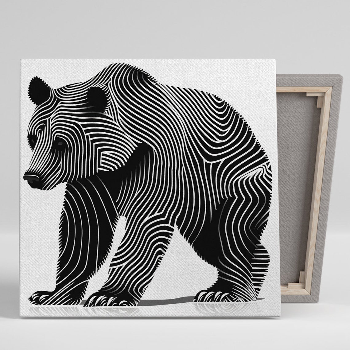 Black White Striped Line Art Bear Modern Minimalist Animal Poster