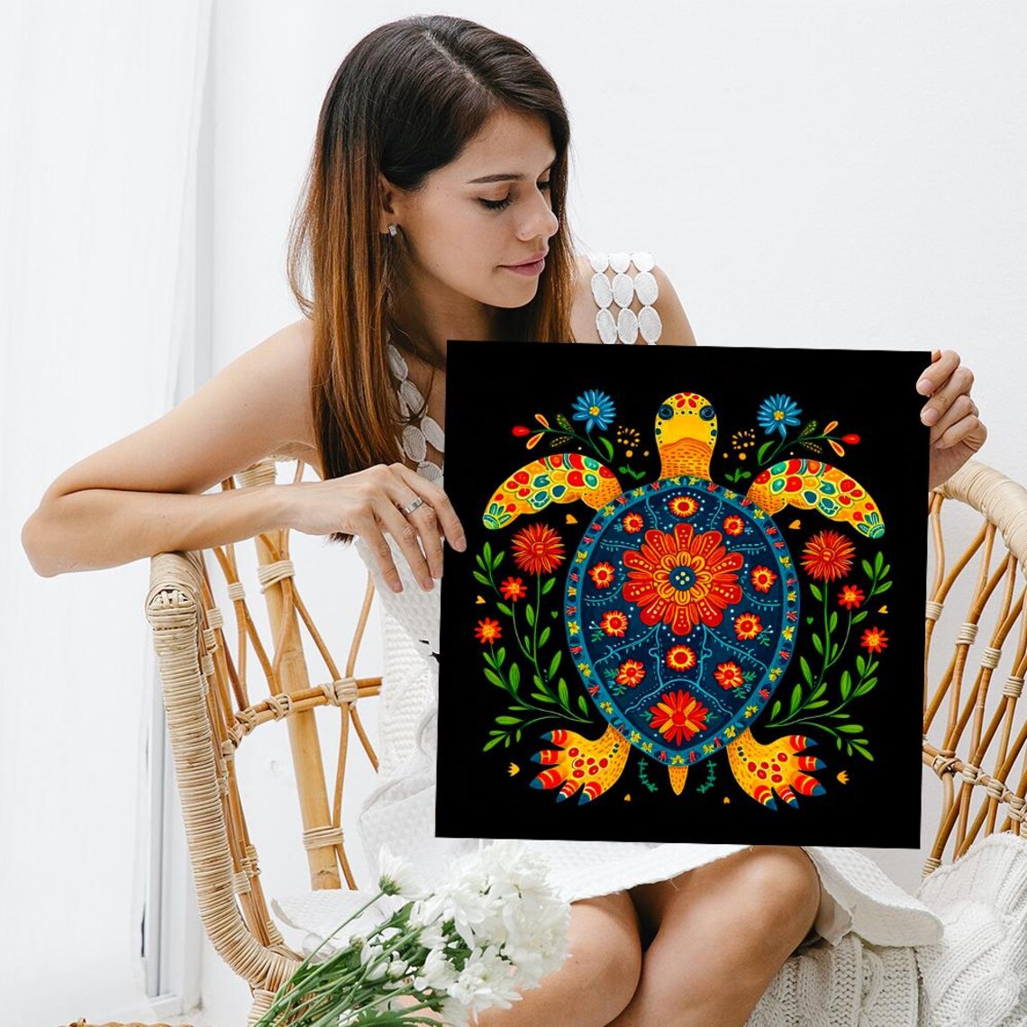 Colorful Turtle Mandala Floral Shell Folk Art Vibrant Black Wall Art Poster - Image 3