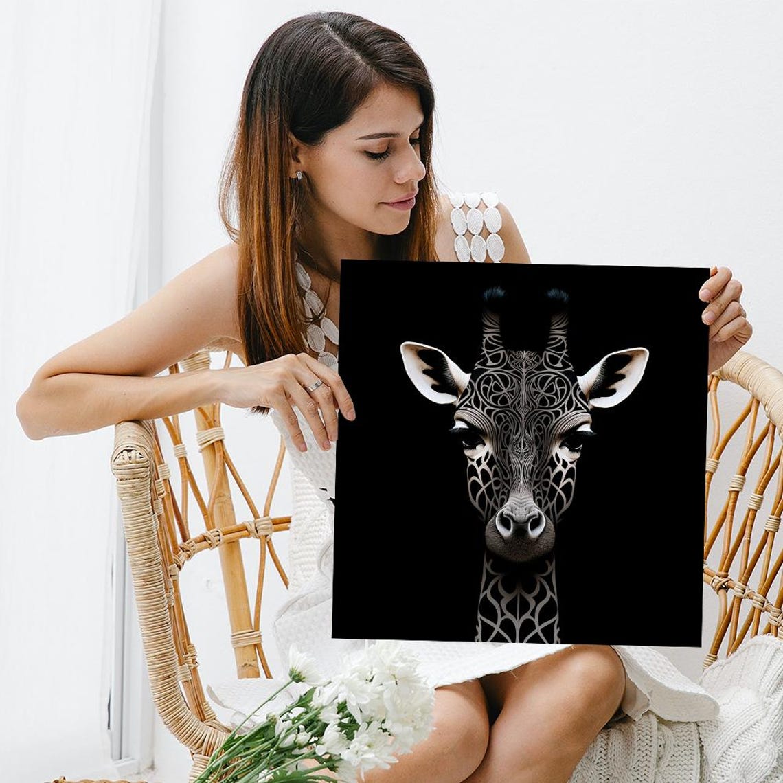 Giraffe Head Ornamental Line Pattern Black White Minimalist Poster - Image 3