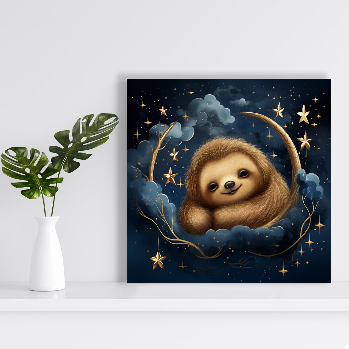 Sleeping Sloth Crescent Moon Night Sky Whimsical Nursery Decor Poster - Image 2