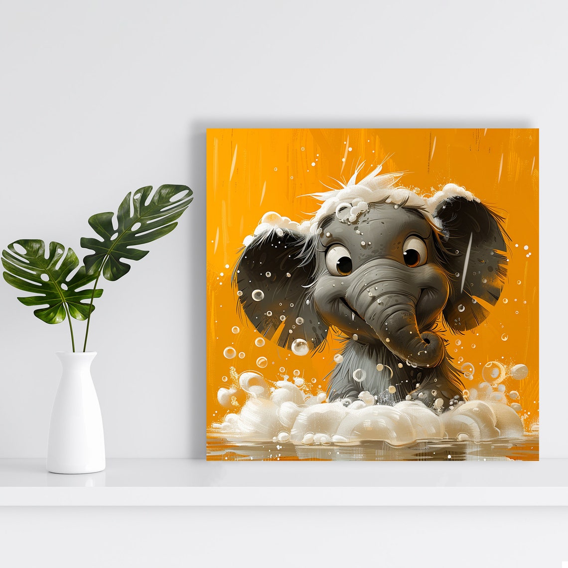 Baby Elephant Bubble Bath Soapy Splash Cheerful Orange Poster - Image 2