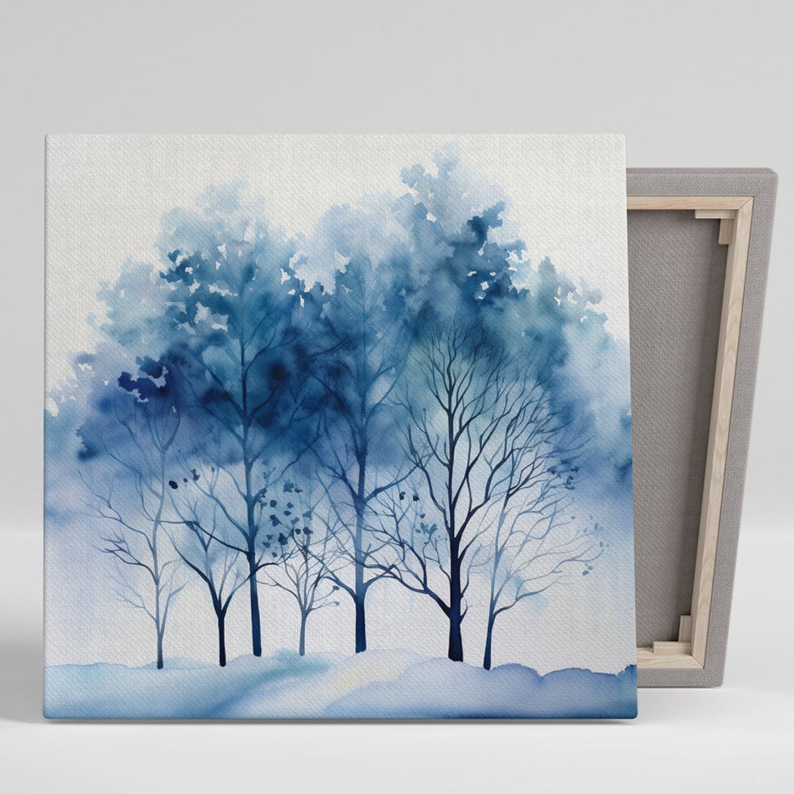 Blue Watercolor Winter Trees Misty Forest Minimalist Art Poster