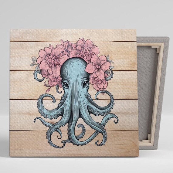 Octopus Wall Art Or Poster Whimsical Nature Decor Living Room Bathroom Bedroom Office Wall Art Blue Pink White Floral Fusion