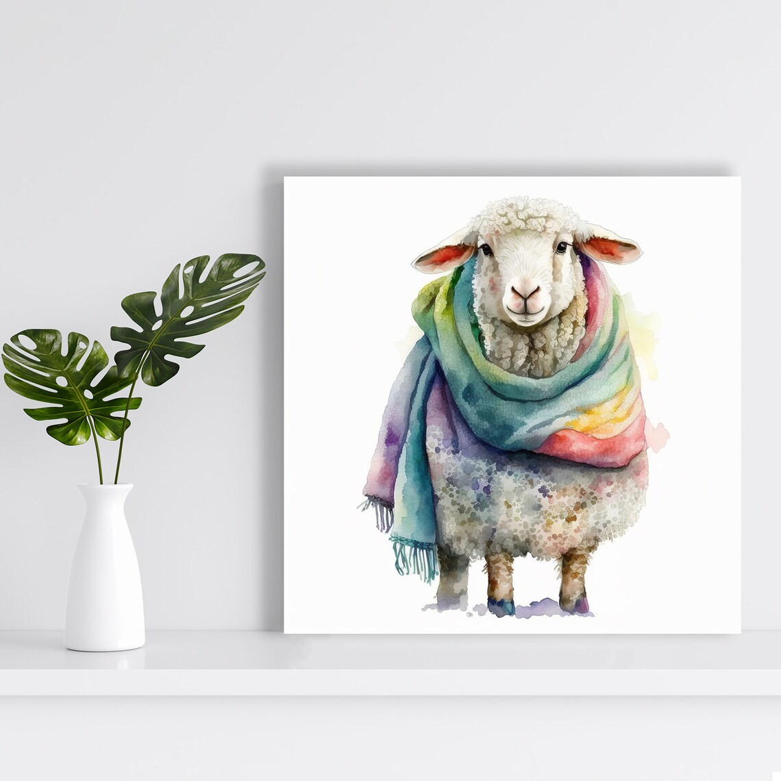 Colorful Sheep in Scarf, Whimsical Farmhouse Art Print - Image 2