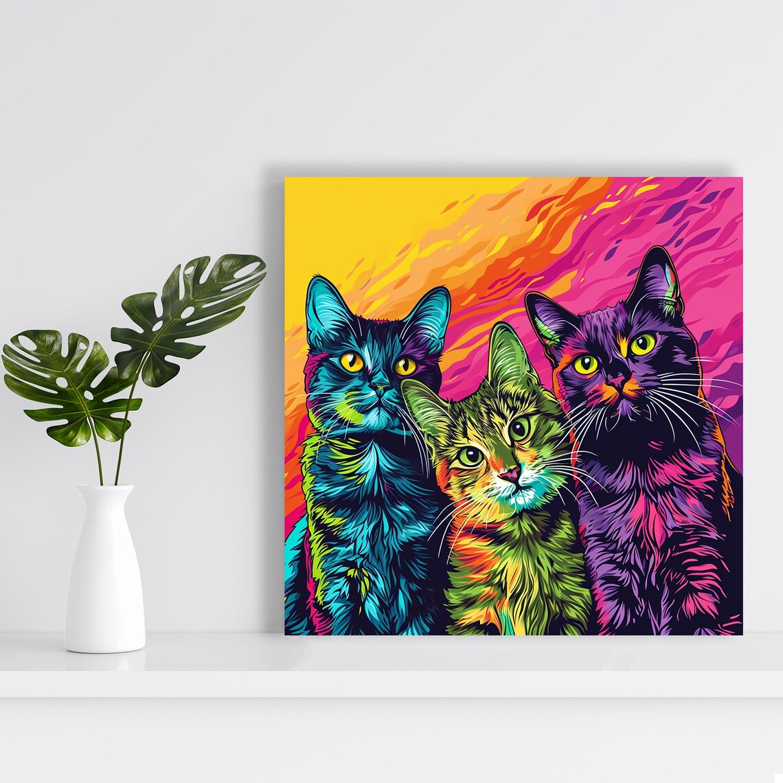 Psychedelic Cat Trio Neon Pop Art Multicolor Vibrant Funny Cat Wall Art Poster - Image 2