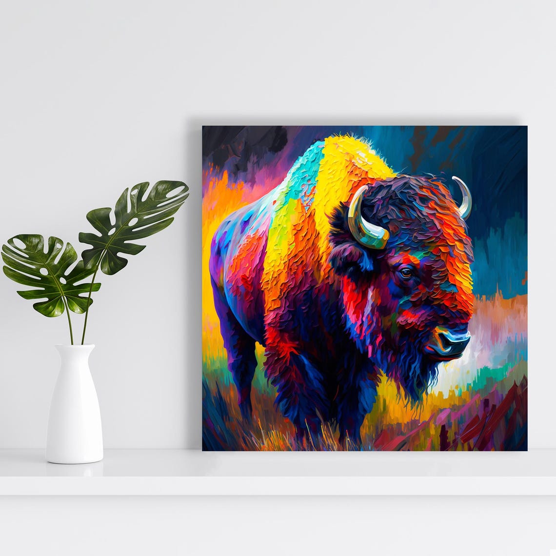Rainbow Bison Buffalo Impasto Oil Style Colorful Wildlife Poster - Image 2