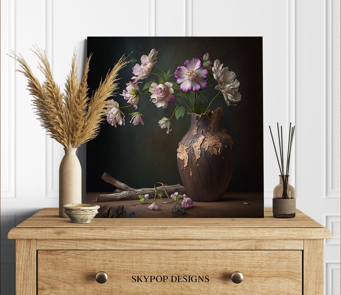 White Anemone Flowers Dark Rustic Vase Moody Floral Still Life Poster - Image 2