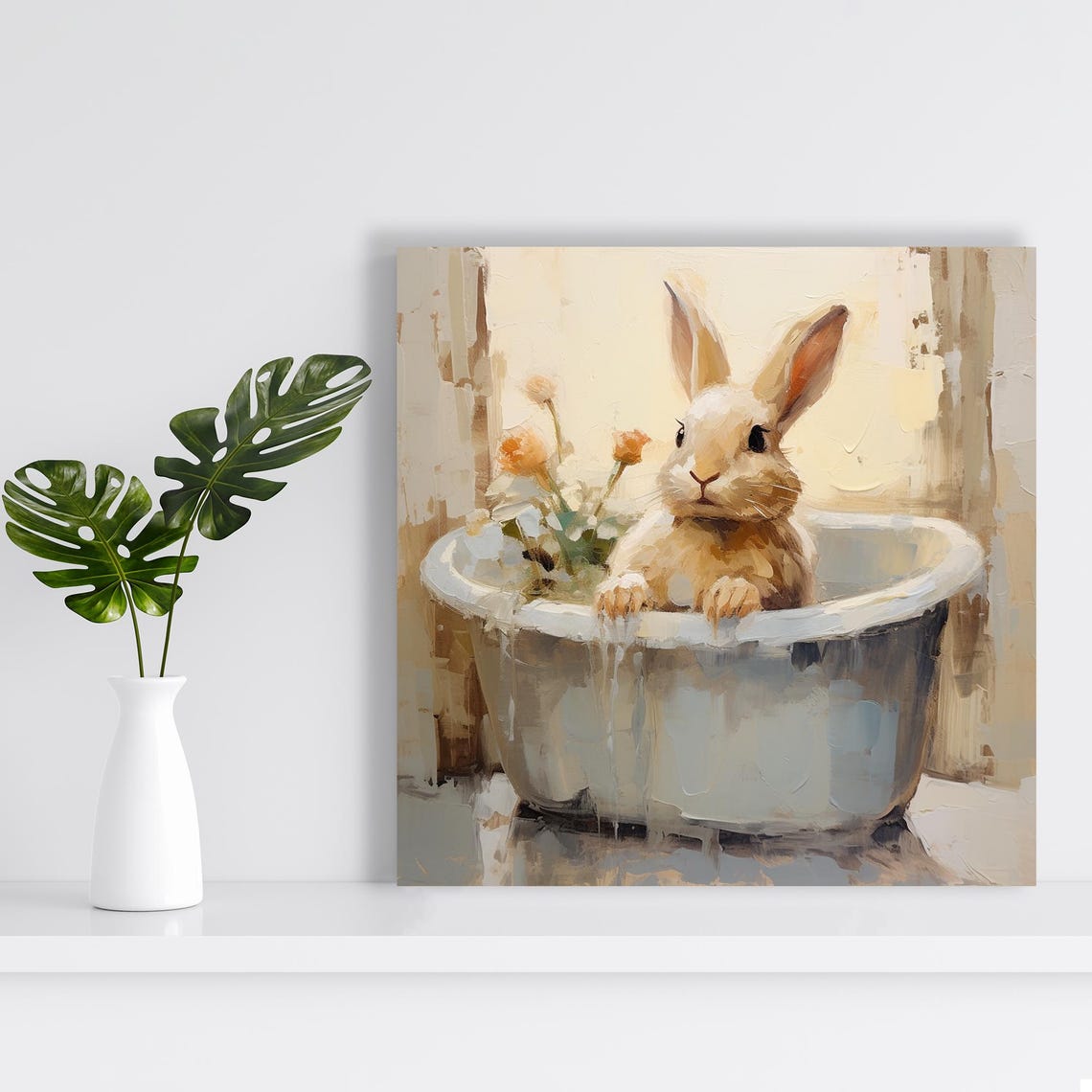 Bunny In Bathtub Soft Beige Floral Whimsical Nursery Animal Art Poster - Image 2