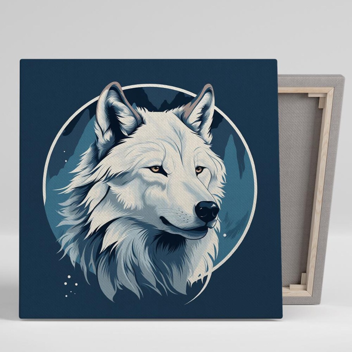 Arctic White Wolf Circle Portrait Navy Background Minimalist Wild Poster