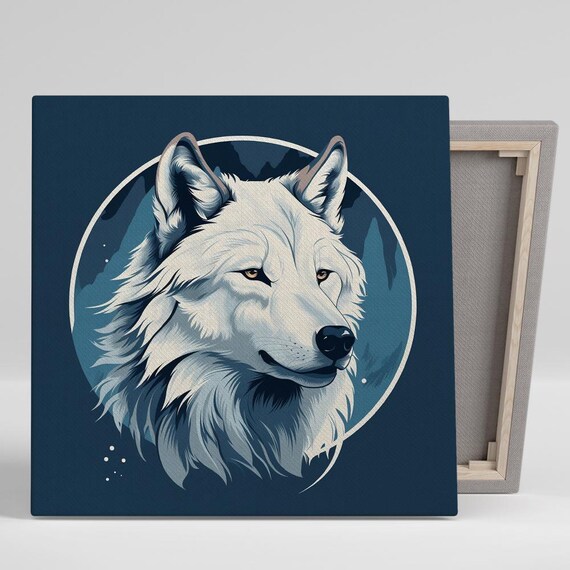 Arctic White Wolf Circle Portrait Navy Background Minimalist Wild Poster