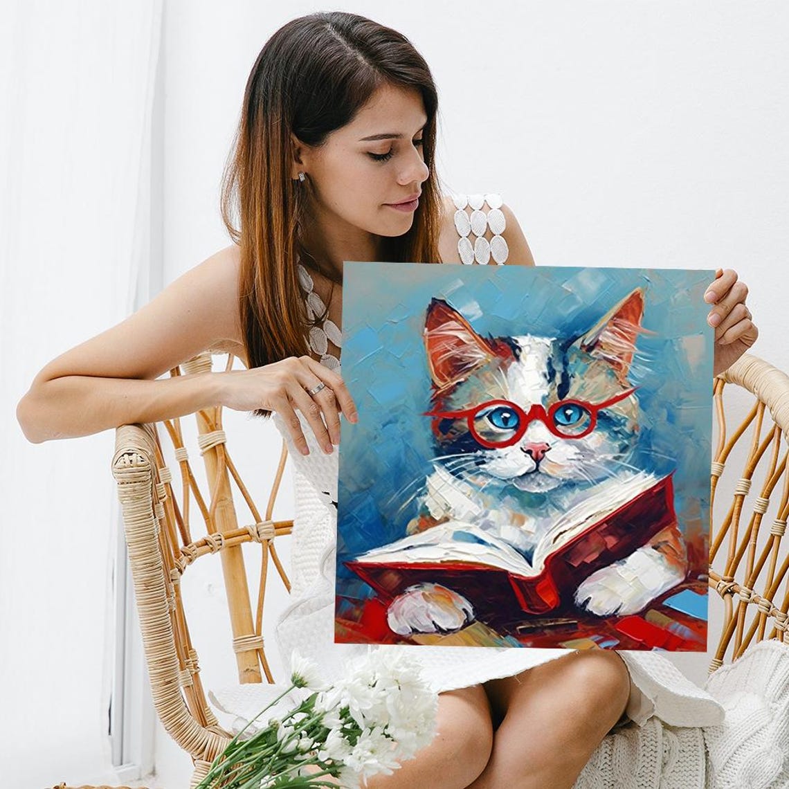 Cute Cat Reading Book Red Glasses Scholarly Library Animal Art Poster - Image 3