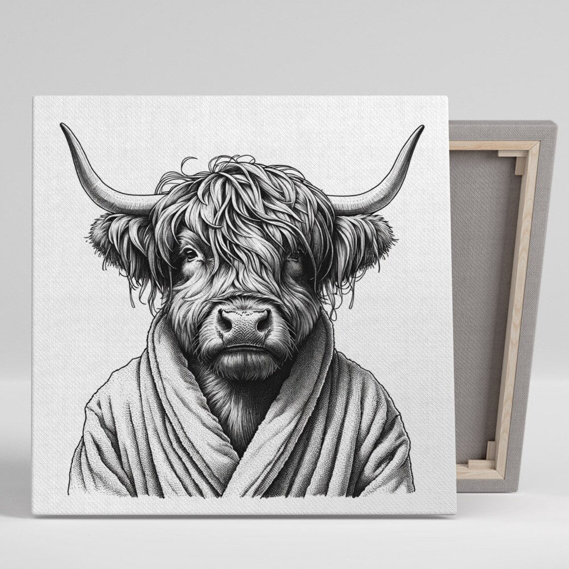 Highland Cow in Bathrobe, Funny Bathroom Art Print