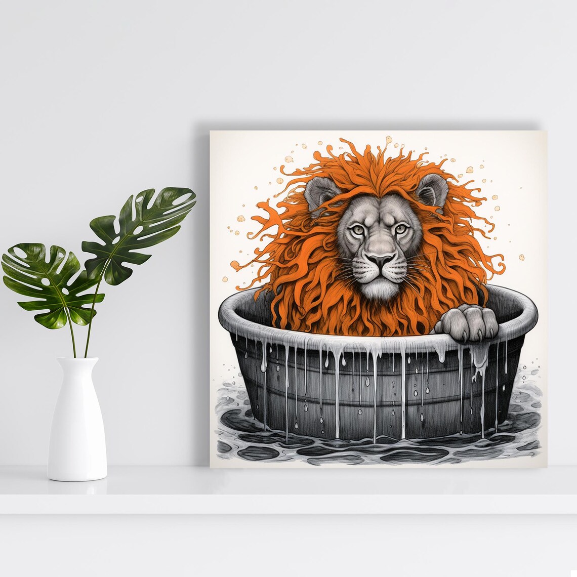 Lion Bathing in Metal Tub Orange Mane Whimsical Animal Bathroom Poster - Image 2