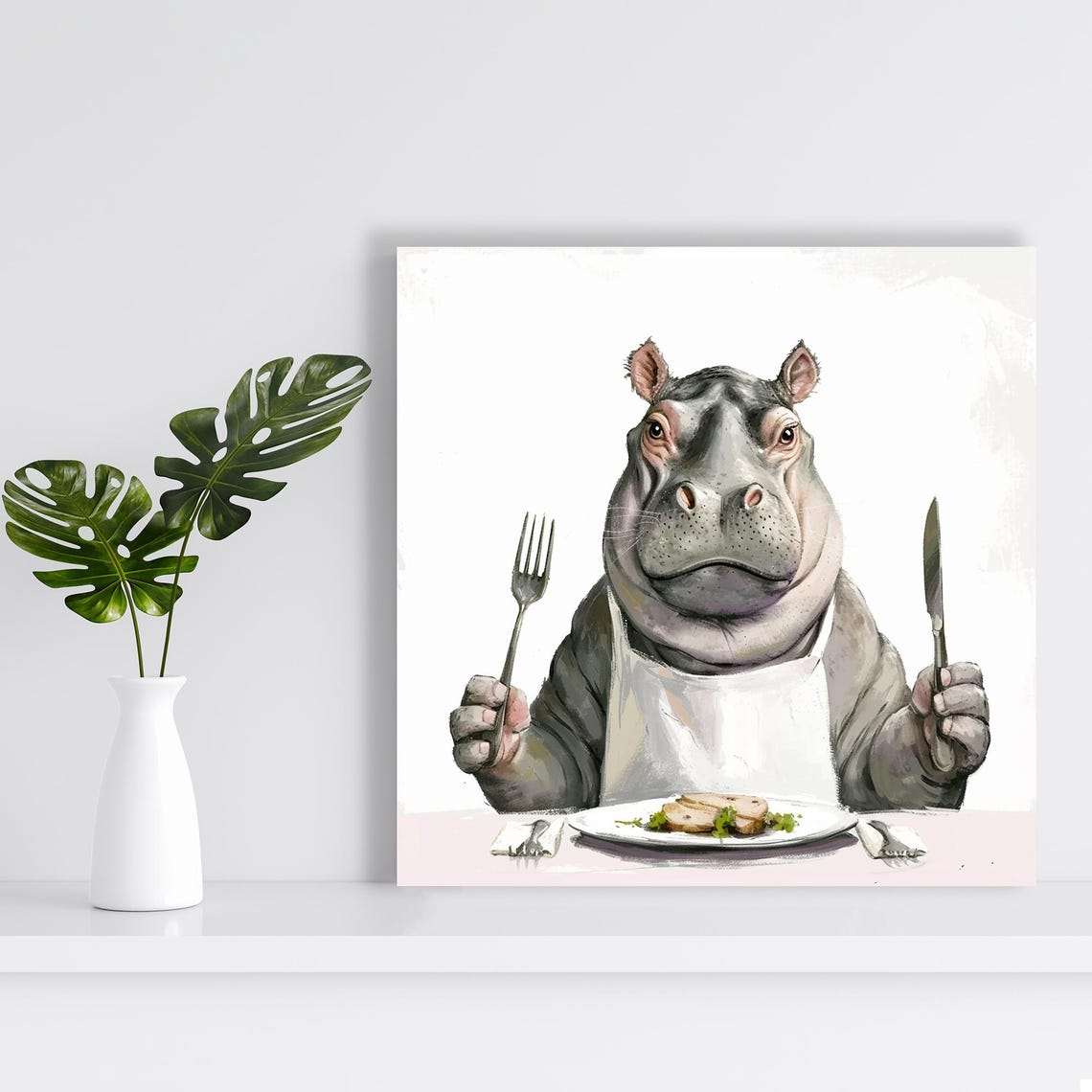 Hippo Chef Bib Fork Knife Dinner Table Funny Whimsical Food Art Poster - Image 2