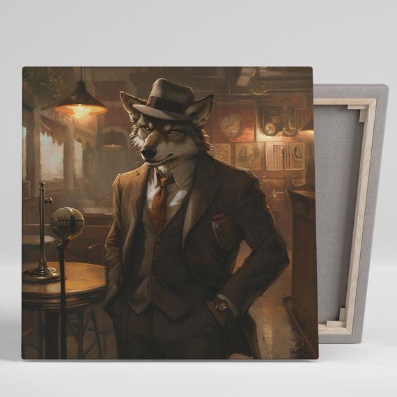 Dapper Wolf Noir Art Or Poster Vintage Animal Retro Decor Office Game Room Library Living Room Wall Art Brown Gold Red Black