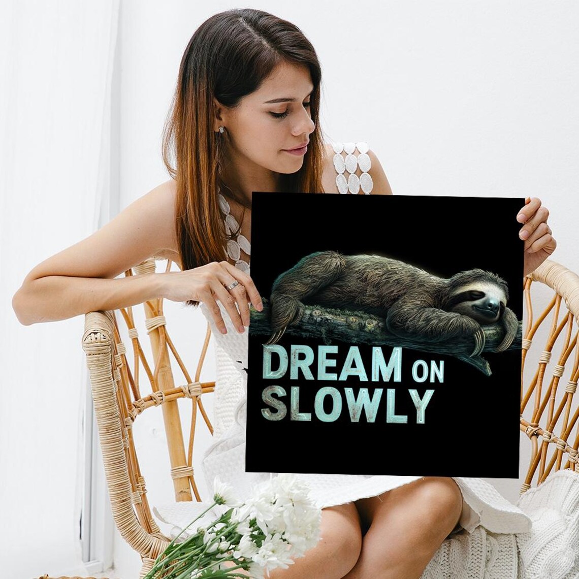 Sleeping Sloth on Branch Dream On Slowly Text Quote Black Wall Art Poster - Image 3