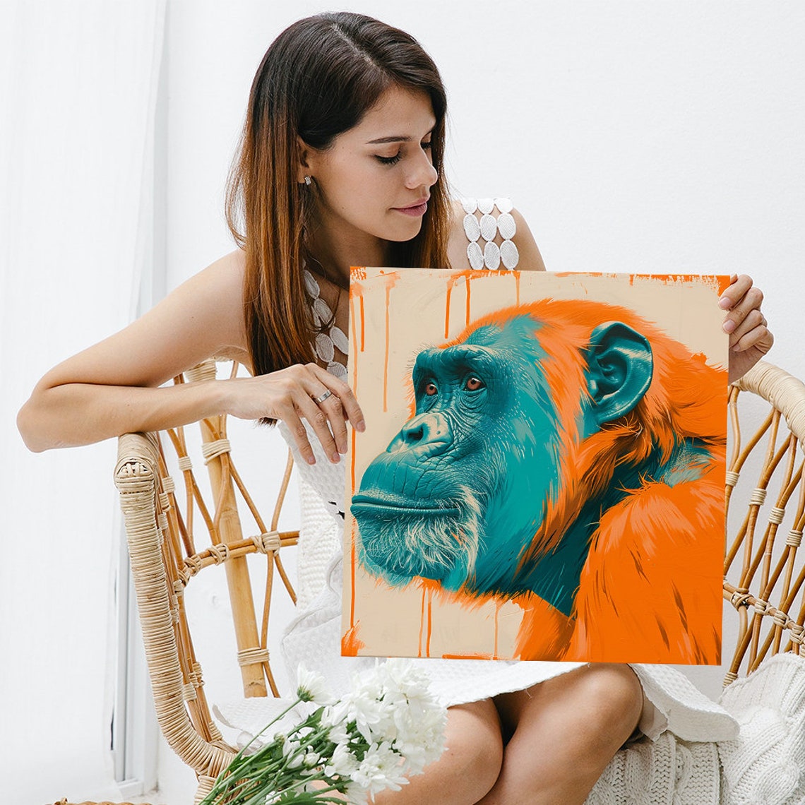 Chimpanzee Portrait Teal Orange Drip Paint Modern Art Wall Poster - Image 3