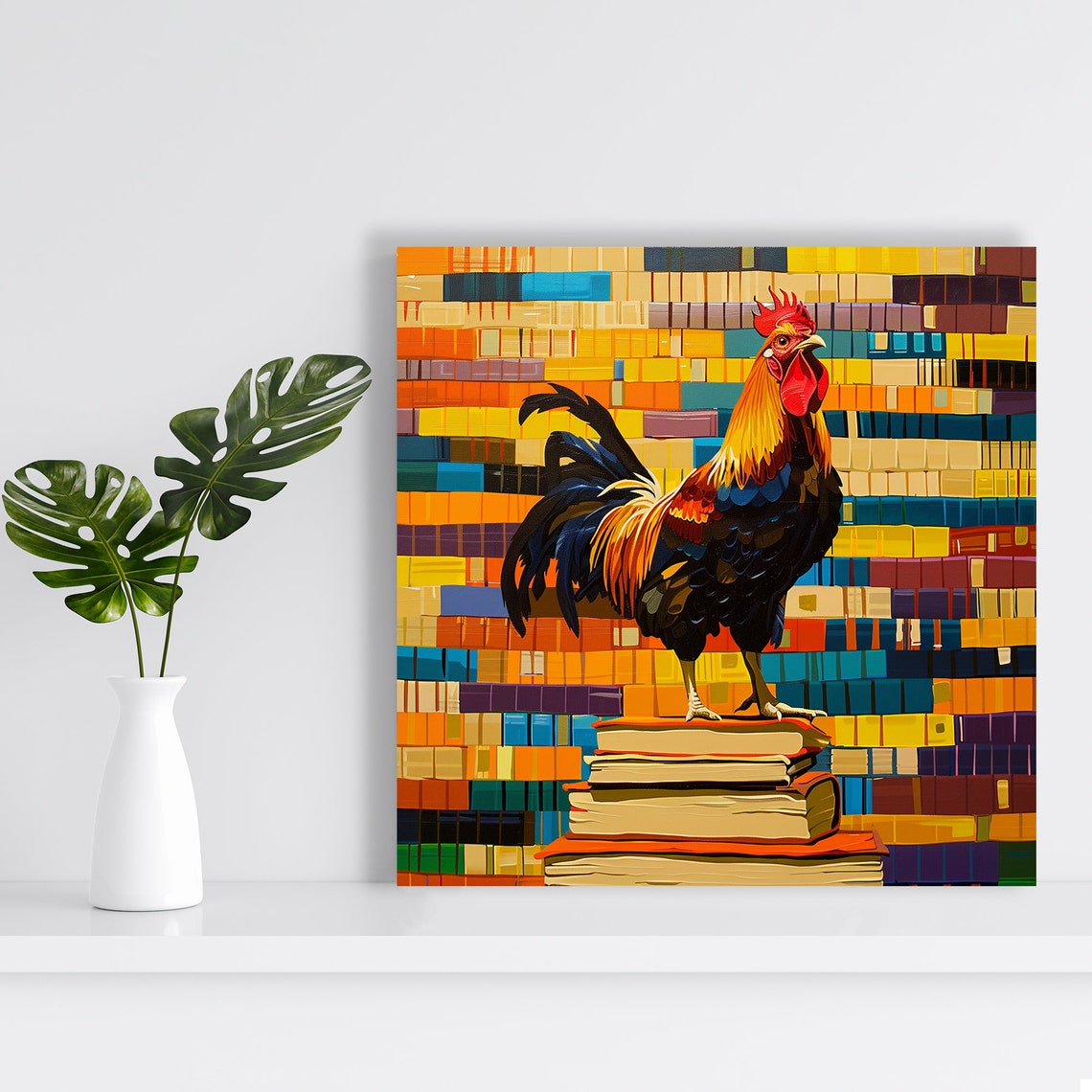 Proud Rooster Standing On Books Colorful Mosaic Background Poster - Image 2