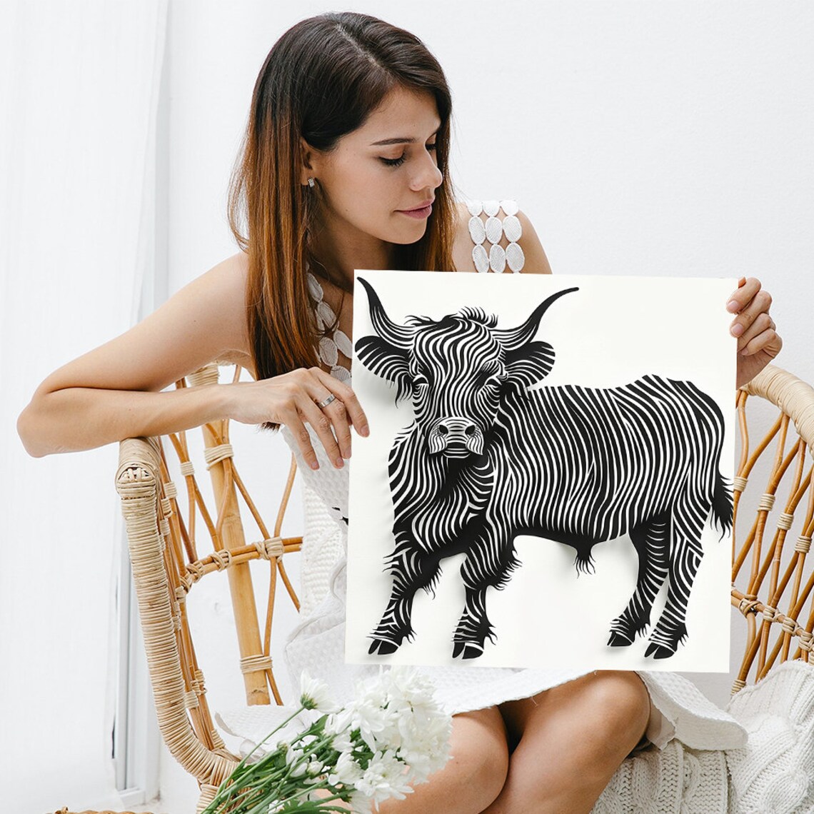 Highland Cow Black White Striped Line Art Minimalist Animal Poster - Image 3