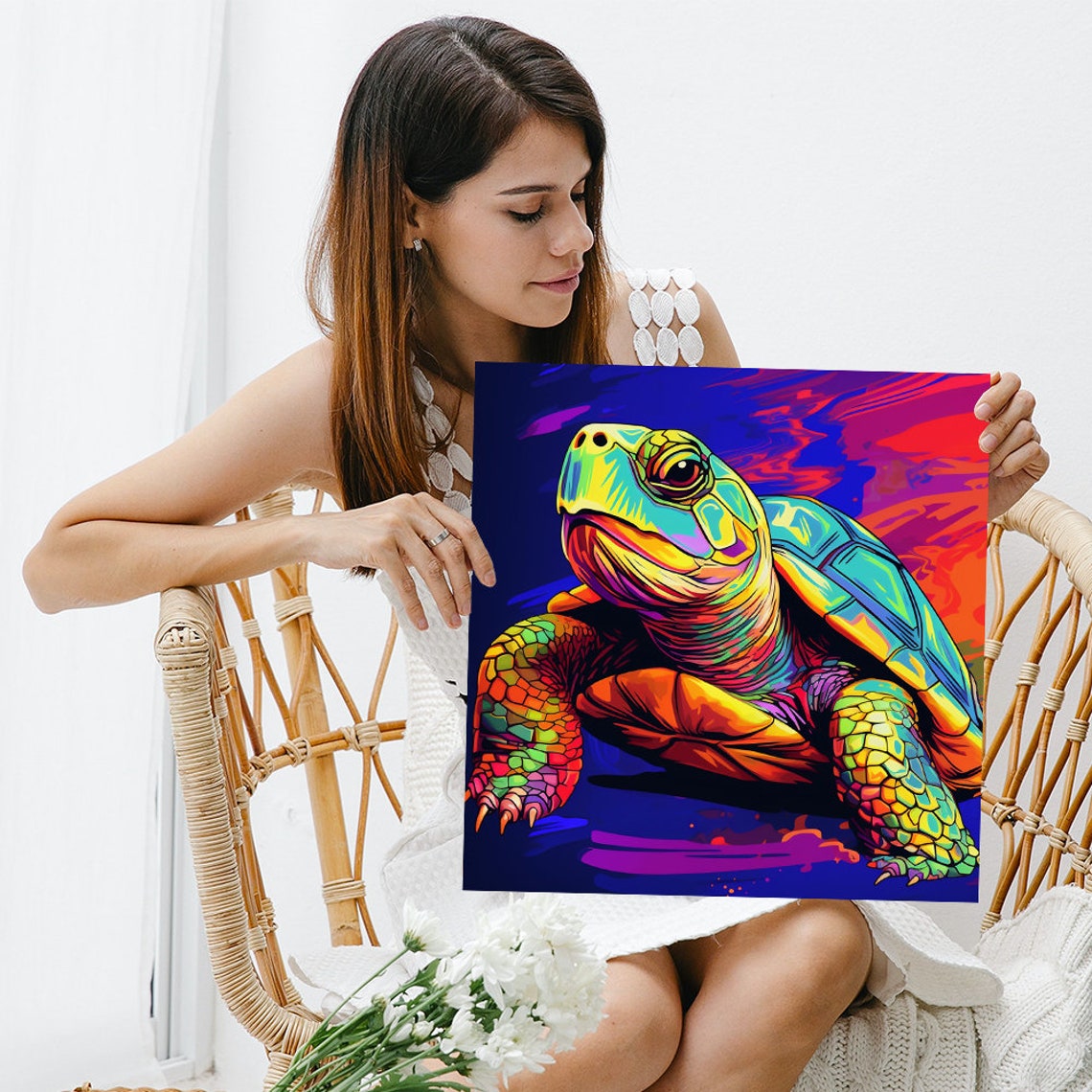 Neon Sea Turtle Swimming in Purple and Orange Ocean Art Poster - Image 3