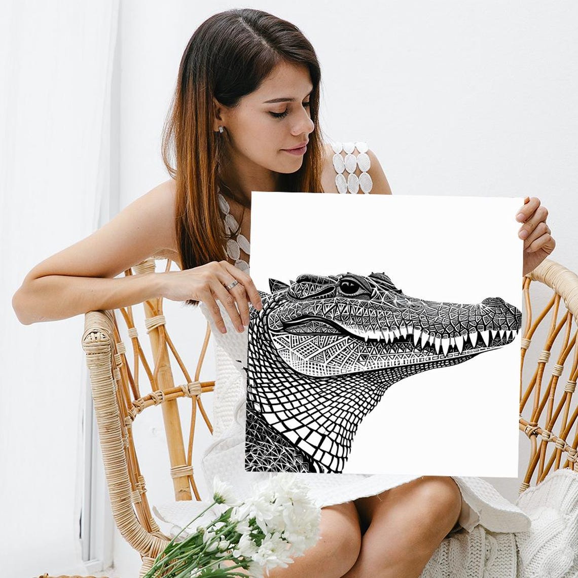 Ornate Geometric Crocodile Head Tribal Black White Wall Art Poster - Image 3