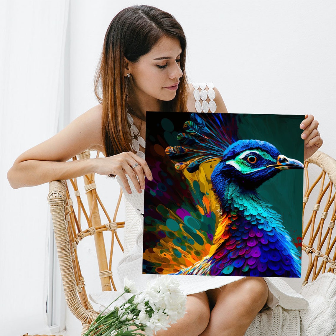 Peacock Head Portrait Dark Emerald Gold Painterly Bird Art Poster - Image 5