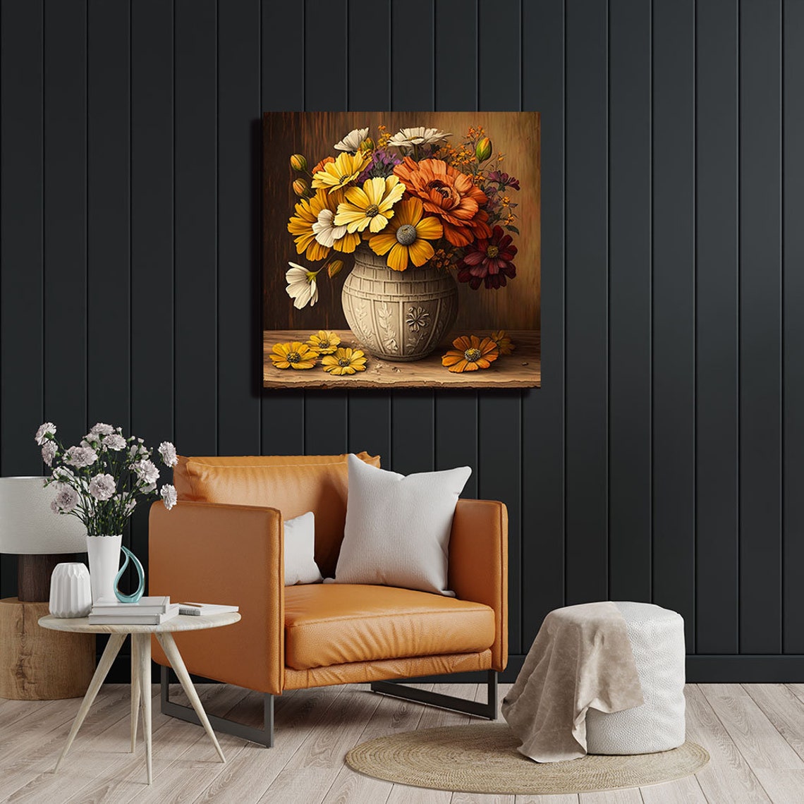 Golden Daisy Bouquet White Ceramic Vase Rustic Warm Floral Poster - Image 4