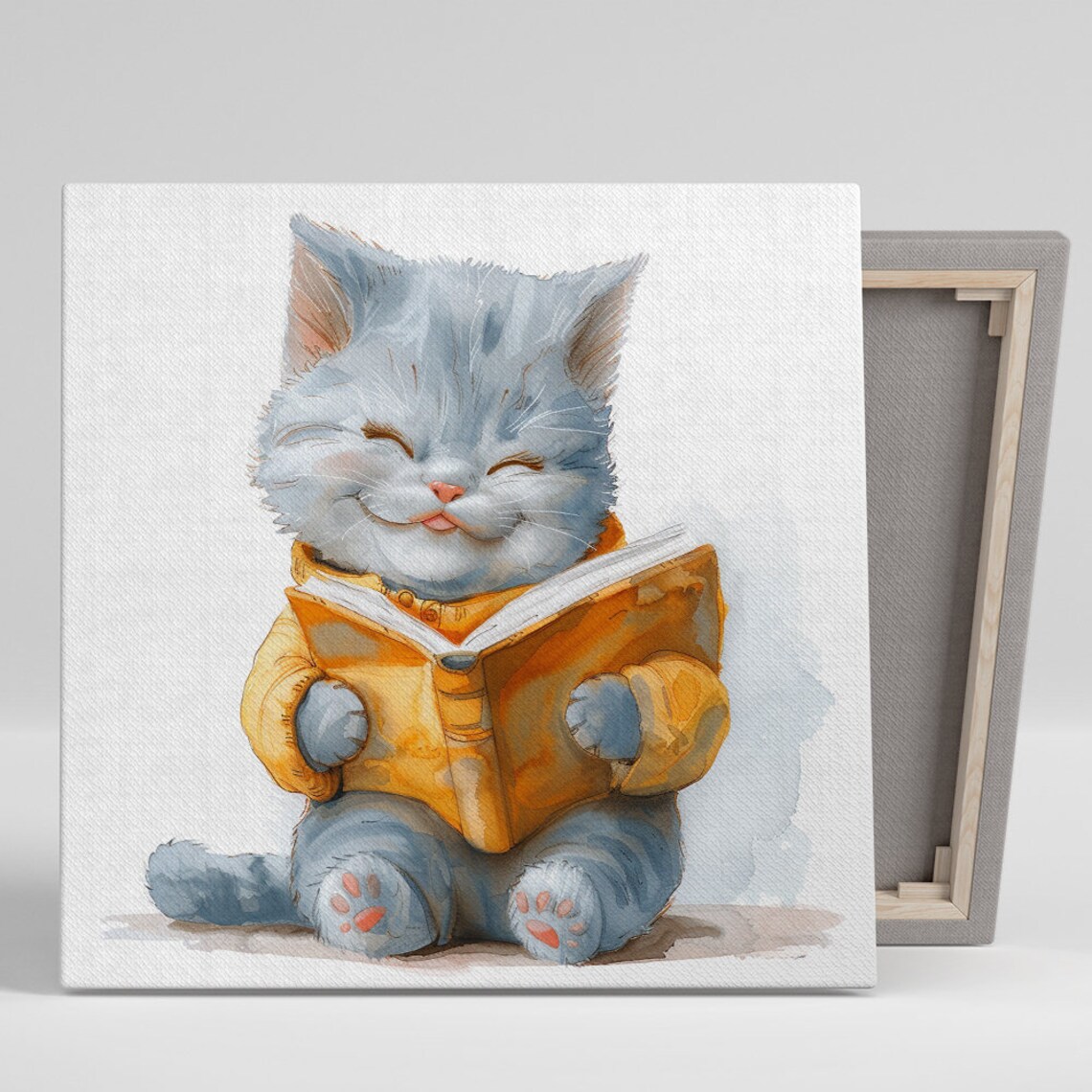 Smiling Kitten Reading Book Yellow Sweater Watercolor Cute Nursery Poster