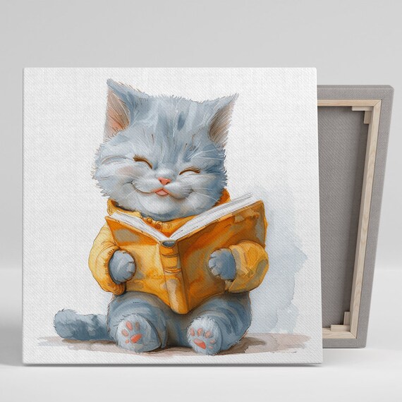 Smiling Kitten Reading Book Yellow Sweater Watercolor Cute Nursery Poster