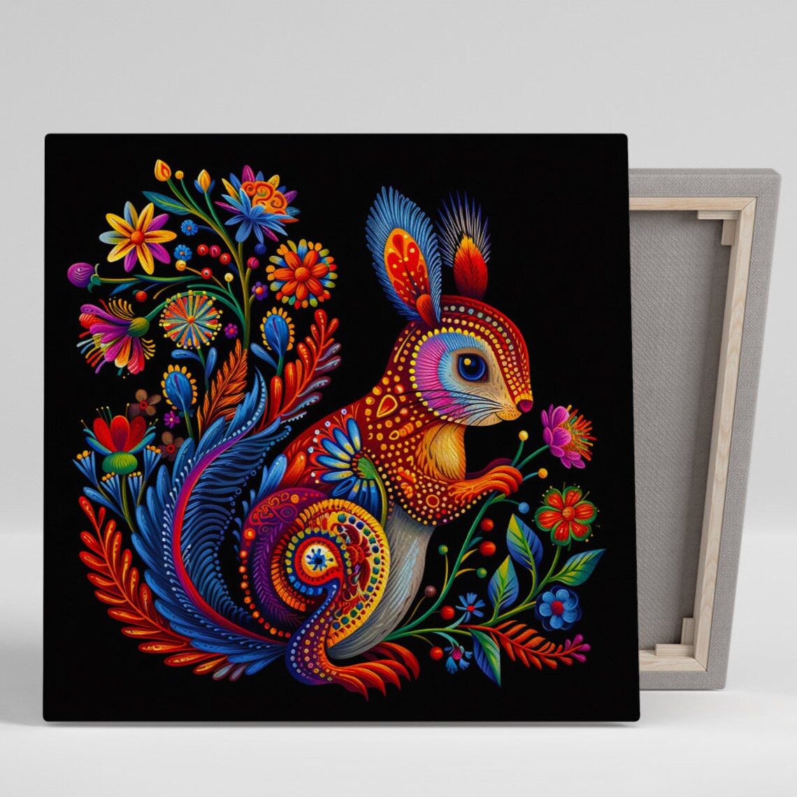 Floral Bunny Mandala Poster Vibrant Flowers On Black Fantasy Rabbit Print