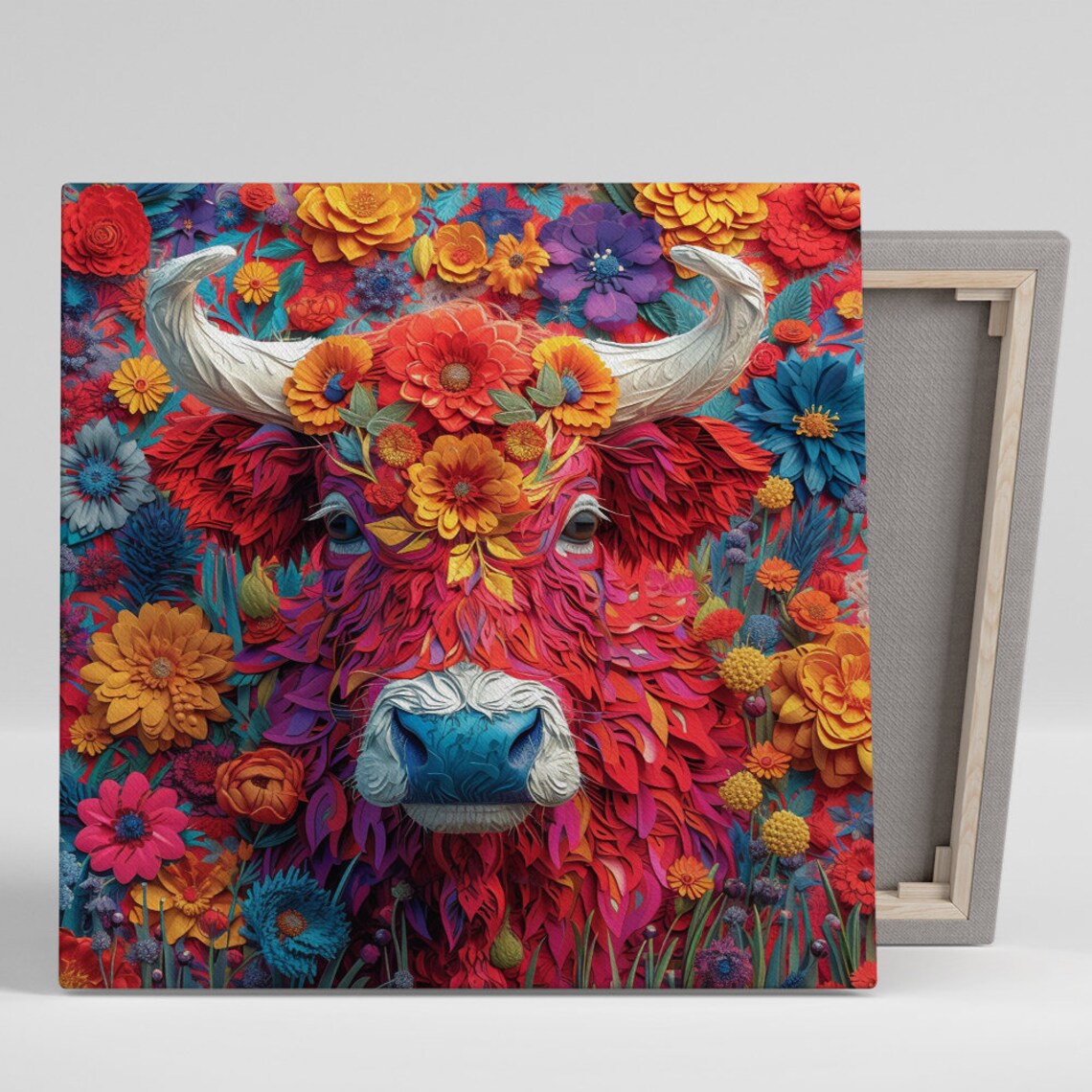 Floral Highland Cow Covered In Colorful Garden Blooms Pop Art Poster