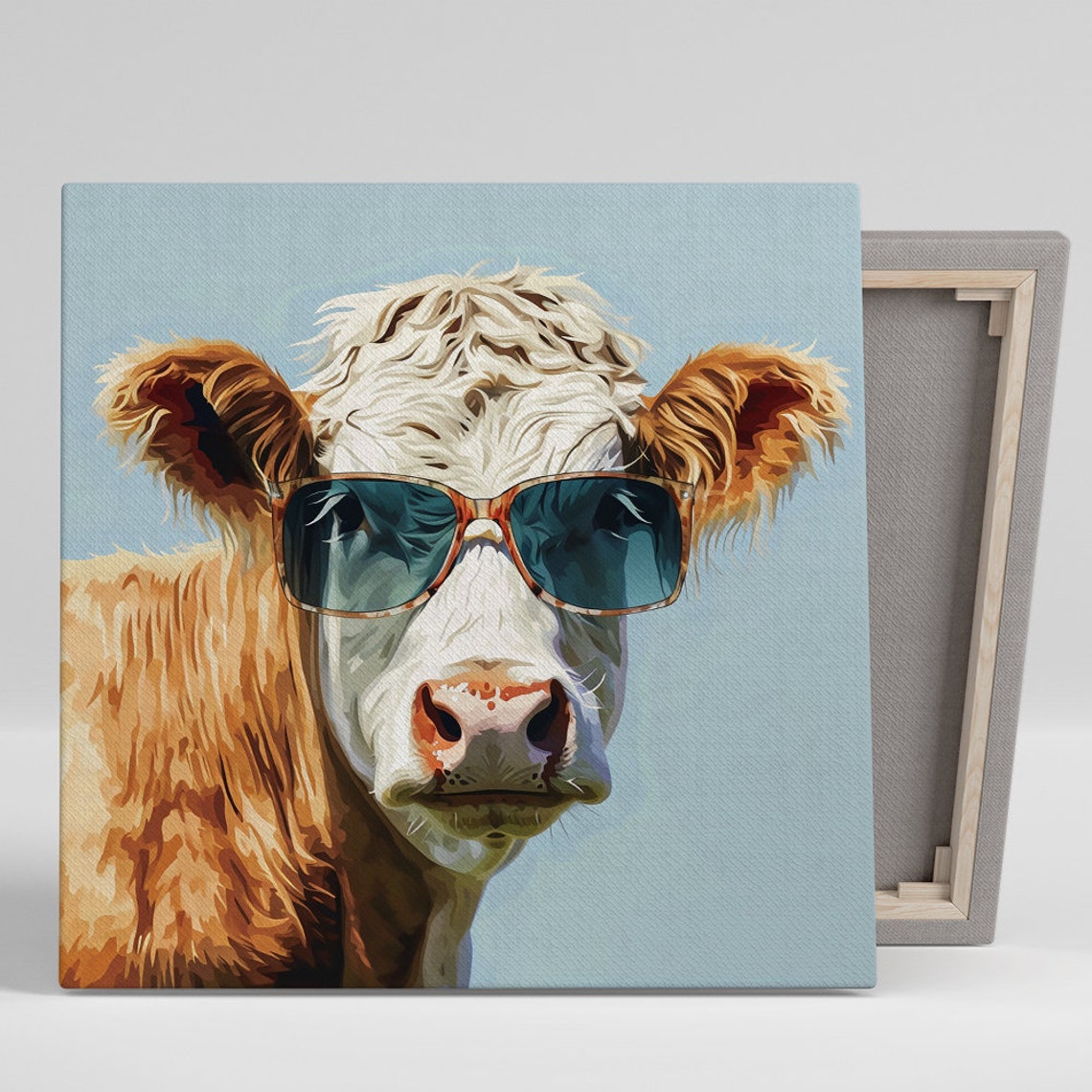 Cool Cow Wearing Sunglasses Light Blue Funny Farm Wall Poster