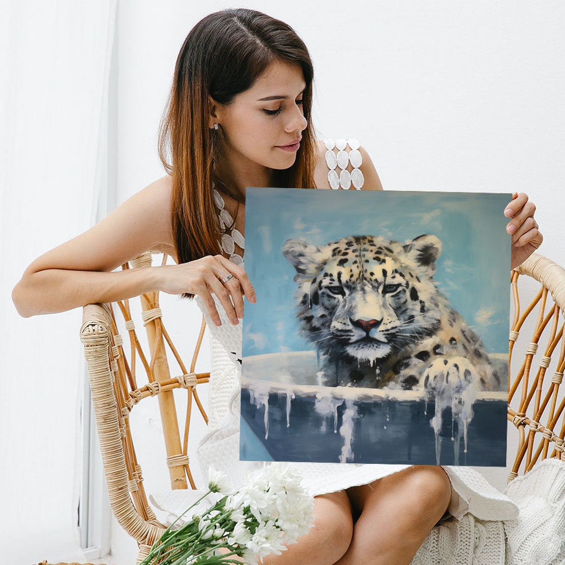 Snow Leopard In Bathtub Dripping Paint Blue Funny Bathroom Poster - Image 3