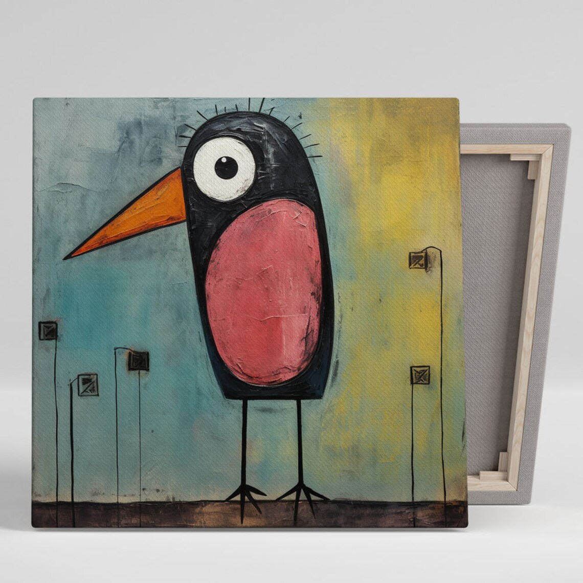 Quirky Cartoon Bird Big Eye Long Legs Whimsical Folk Art Animal Poster