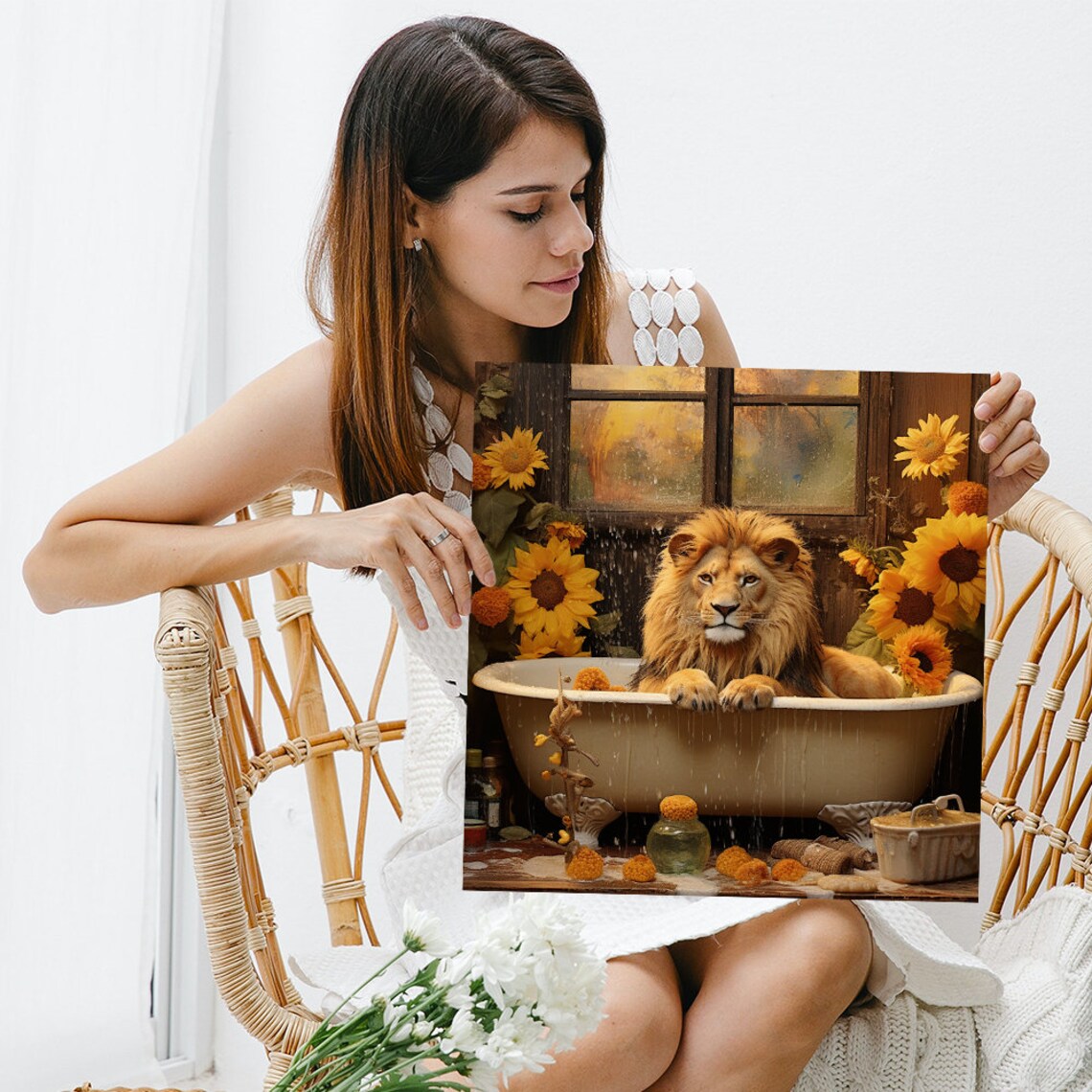 Whimsical Lion in Vintage Bathtub Among Golden Sunflowers Poster - Image 3