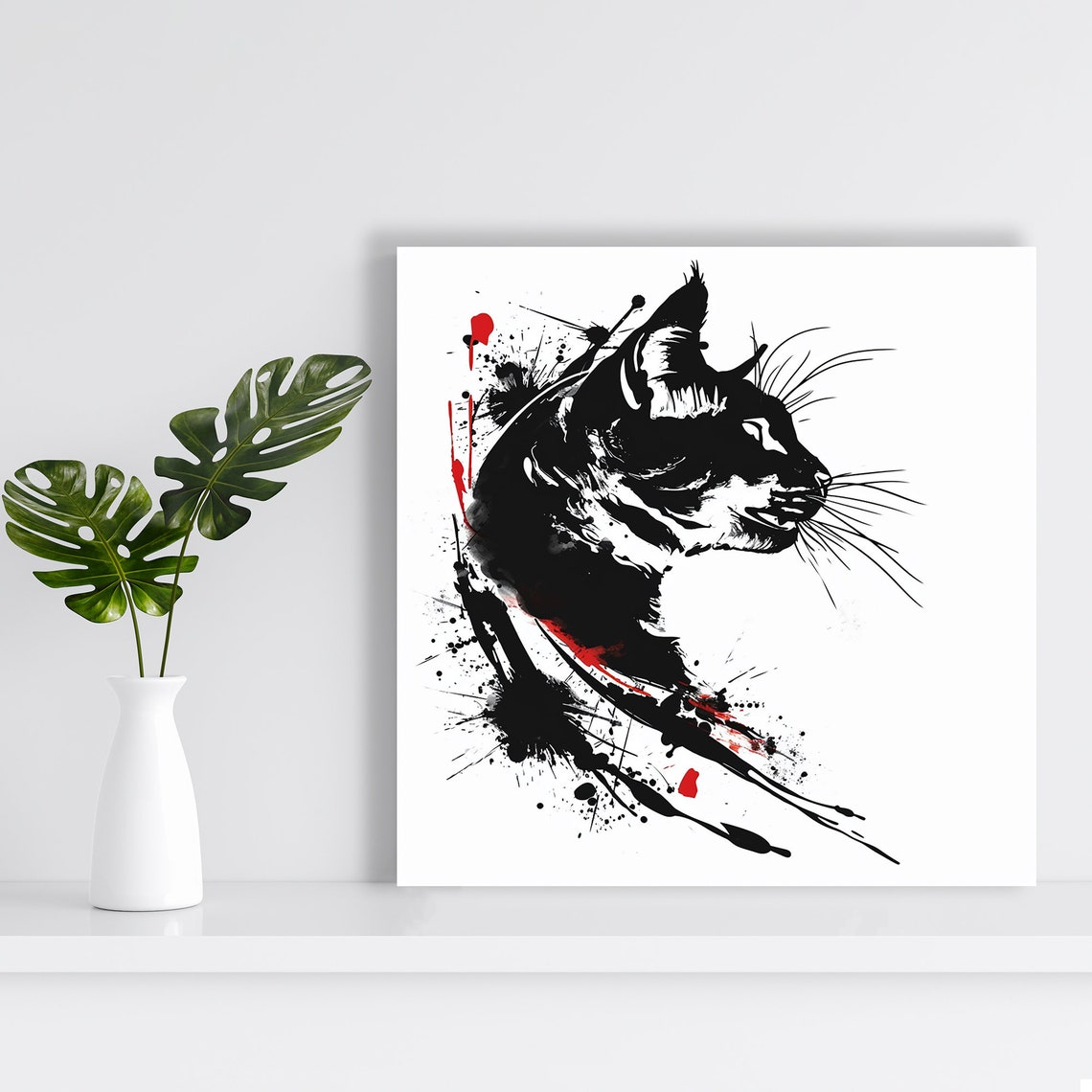Black Ink Cat Profile Red Splatter Graffiti Urban Minimalist Wall Art - Image 2