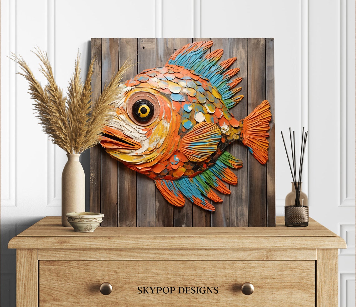 Colorful Carved Wooden Fish Folk Art Rustic Plank Wall Decor Poster - Image 2