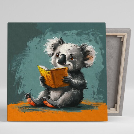 Baby Koala Reading Book Cute Teal Orange Nursery Whimsical Animal Poster