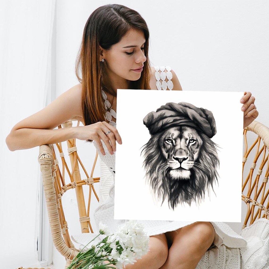 Regal Lion Turban Portrait Black White Sketch Exotic Animal Art Poster - Image 3