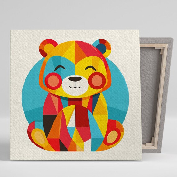 Geometric Smiling Bear Colorful Red Yellow Teal Nursery Kids Art Poster