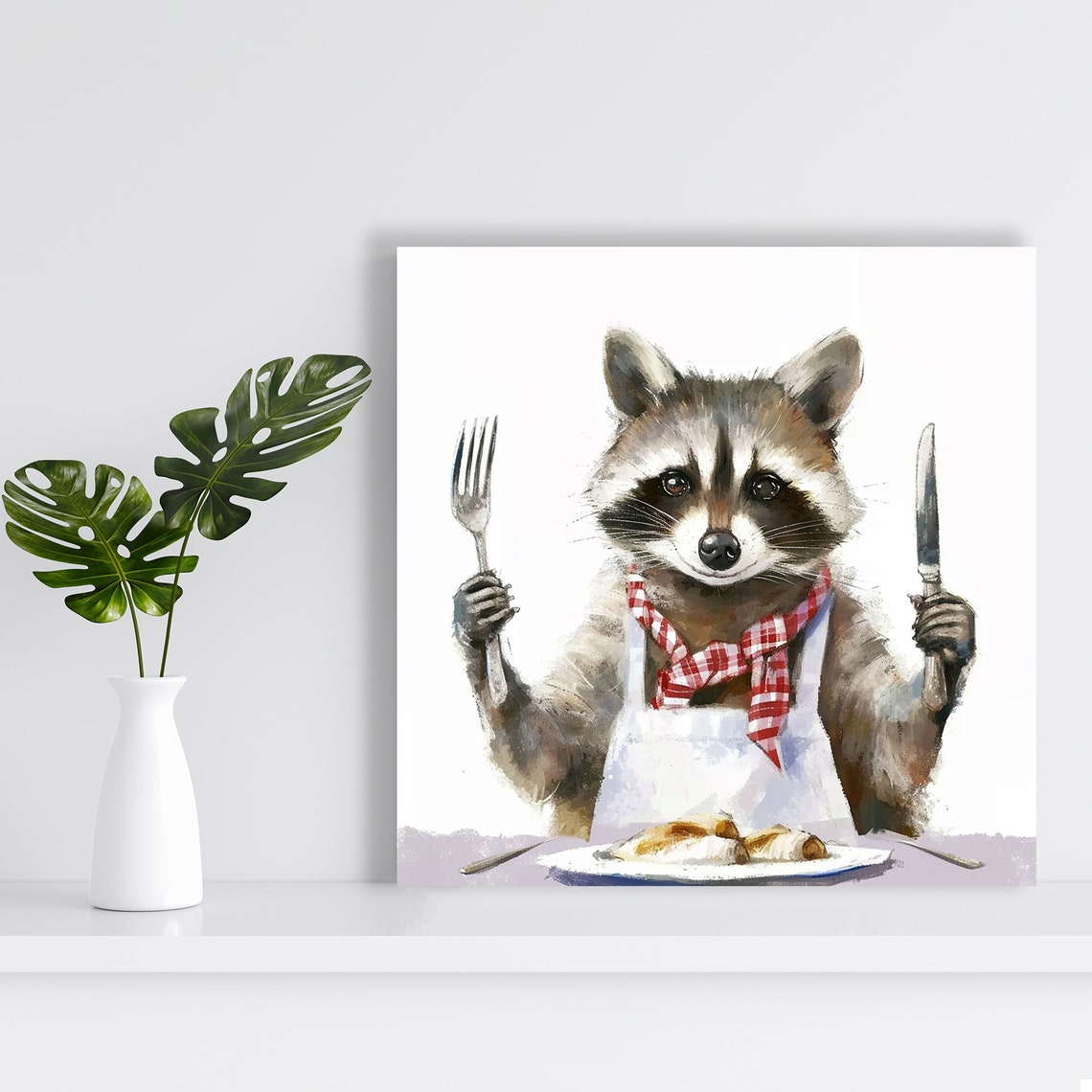 Raccoon Dinner Party Fork Knife Red Scarf Whimsical Kitchen Poster - Image 2