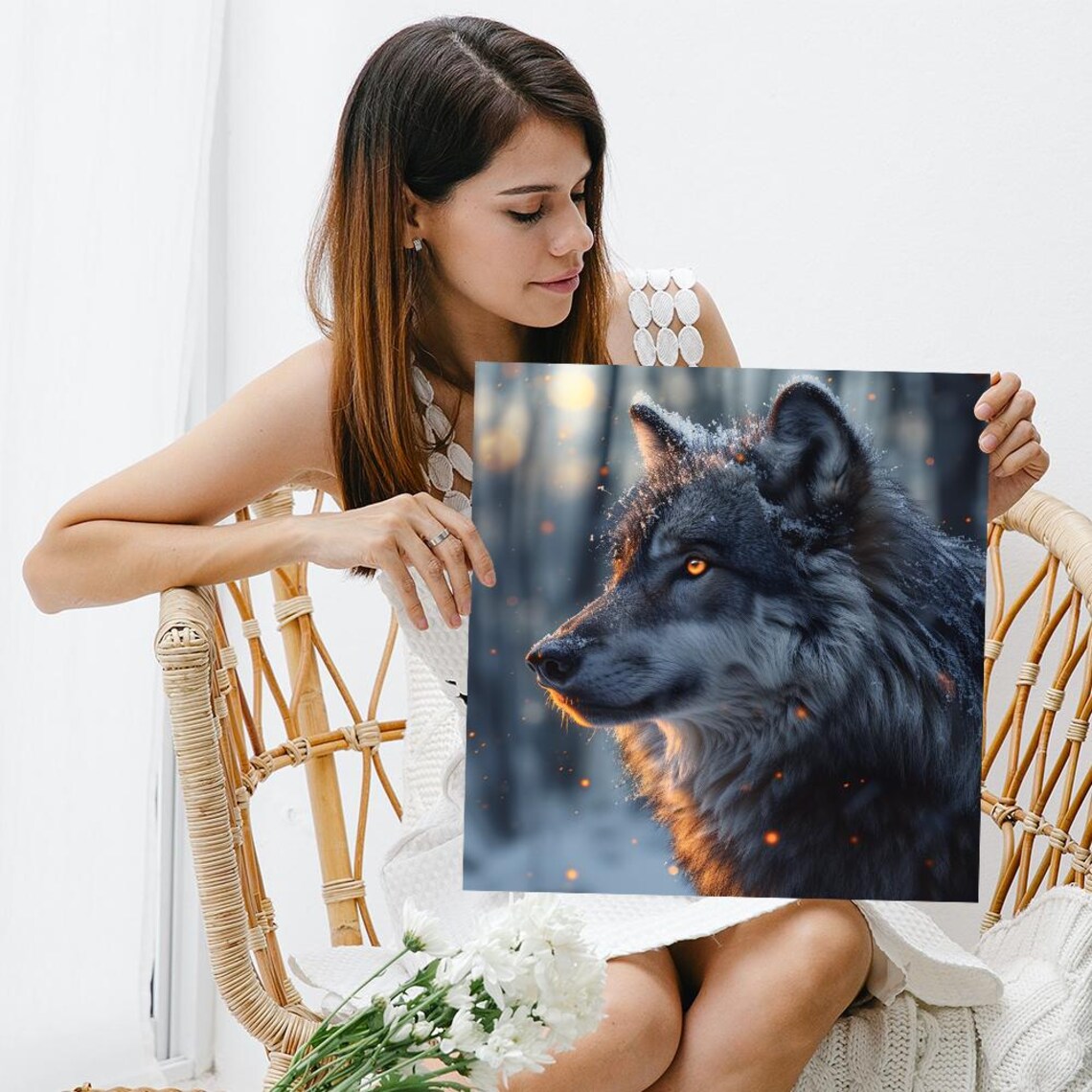 Black Wolf Snowy Forest Ember Glow Dramatic Wildlife Portrait Art Poster - Image 3